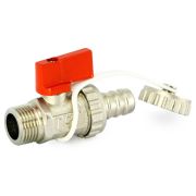 Кран Uni-Fitt шаровой НН 1/2«x3/4» сливной со штуцером, заглушка, флажок красный металл, никель